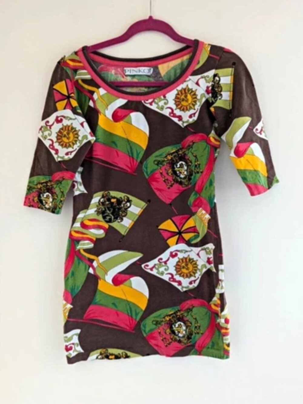 PINKO Brown & Multicolour Graphic Round Neck 3/4 Sleeve Mini Dress S